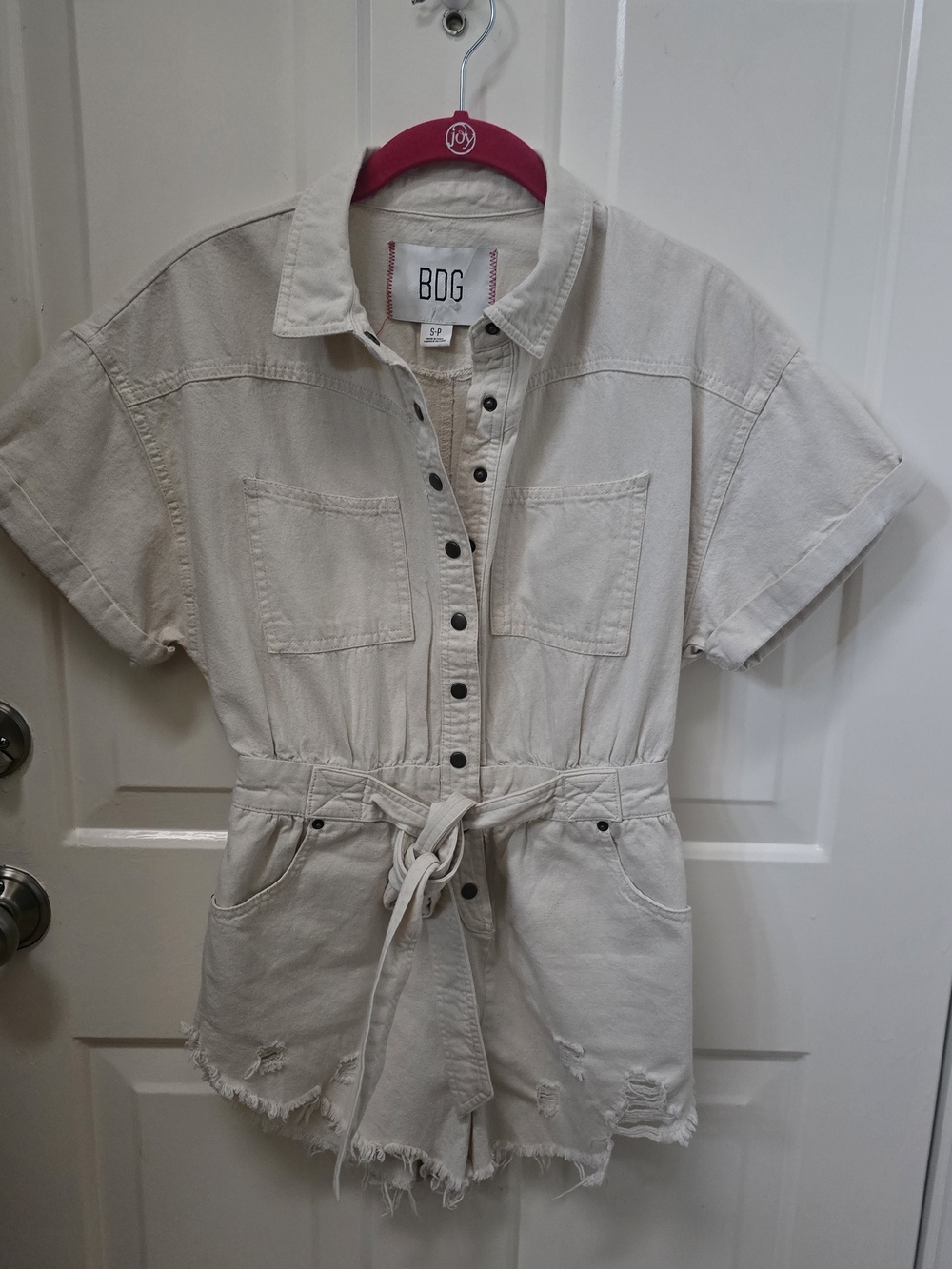 BDG Cream Short-Sleeve Denim Romper with Tie Waist